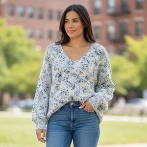 •L•Blue Ivory Oversized Speckled Detailed Tunic Sweater Top•